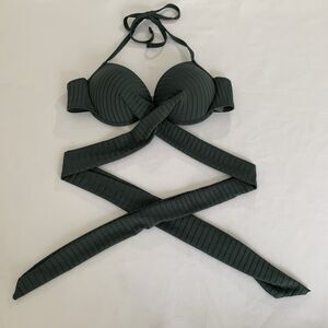 Shein Bikini Top Women S Green Ribbed Wrap Halter‎ Pushup Resort Coastal Earthy